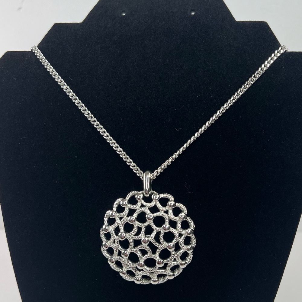 Vintage Monet Silver Tone Open Work Pendant  Necklace